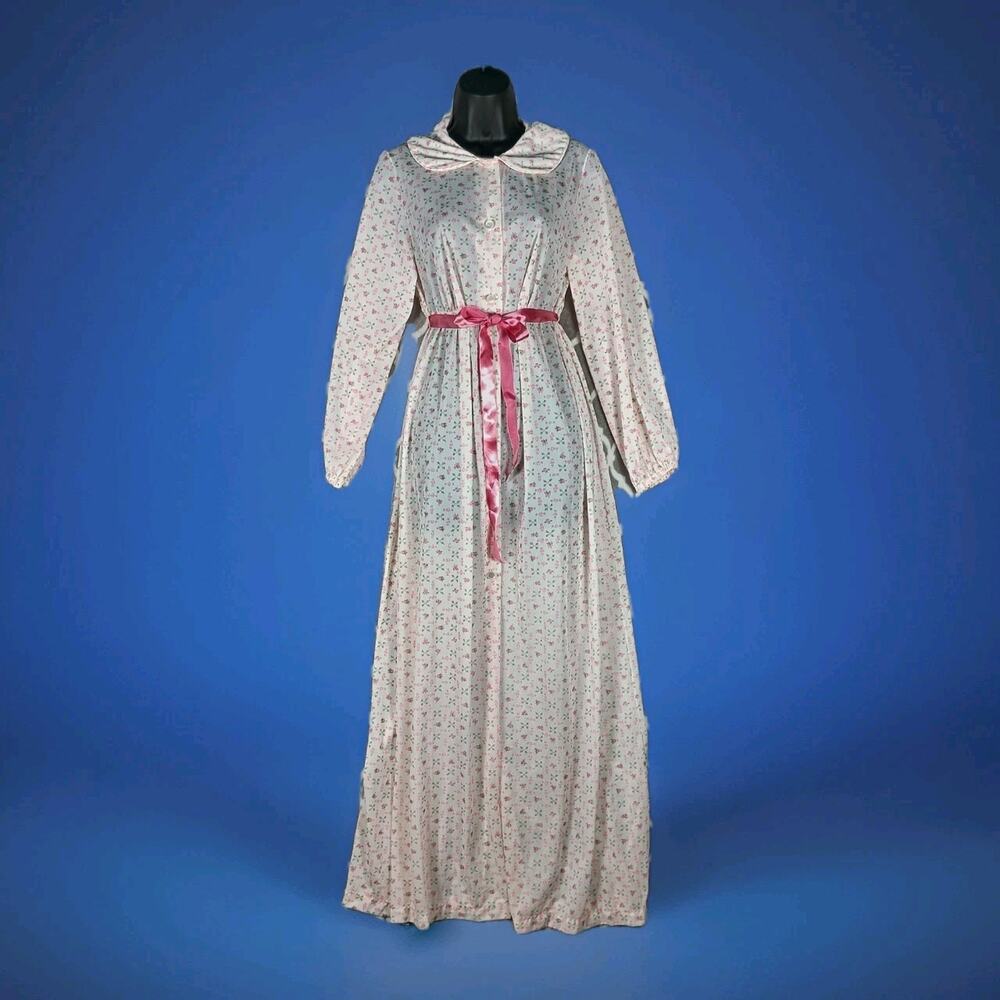 Jeri Morton Lingerie Nightgown Women Medium Pink Floral Long Sleeve Vintage 60s